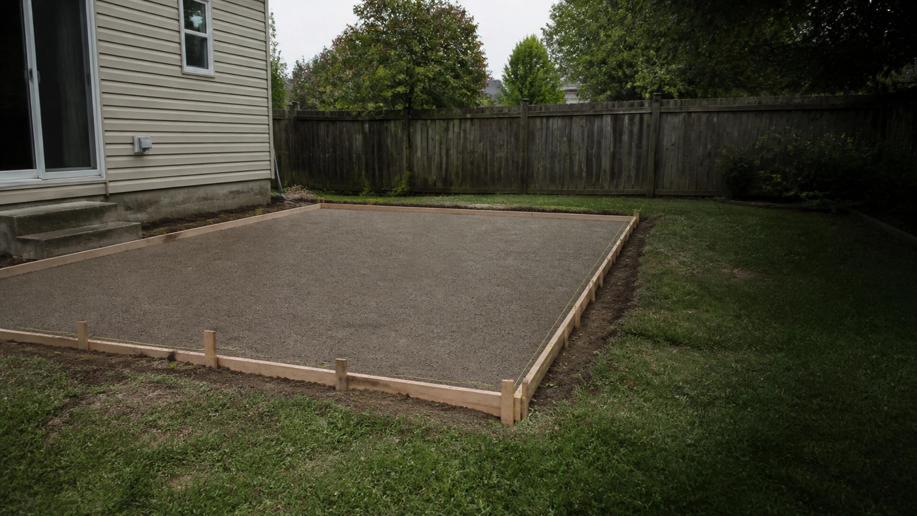 Conceptual view of an ordinary residential backyard marked and graded for a future patio.